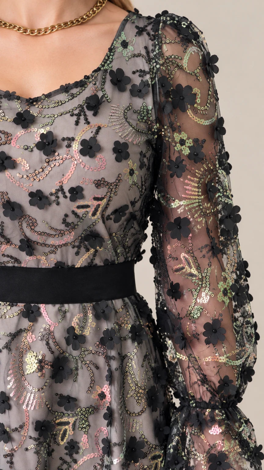 Close-up detail of 3D floral appliqués, sequin embroidery, and black waistband