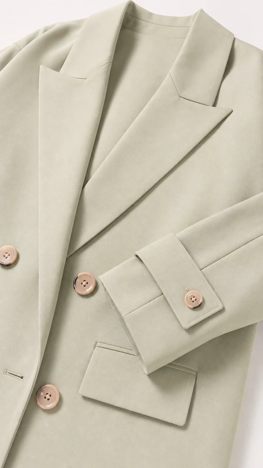 Close-up detail of Sage Green coat showing notched lapel, double-breasted buttons, flap pocket, and cuff strap
