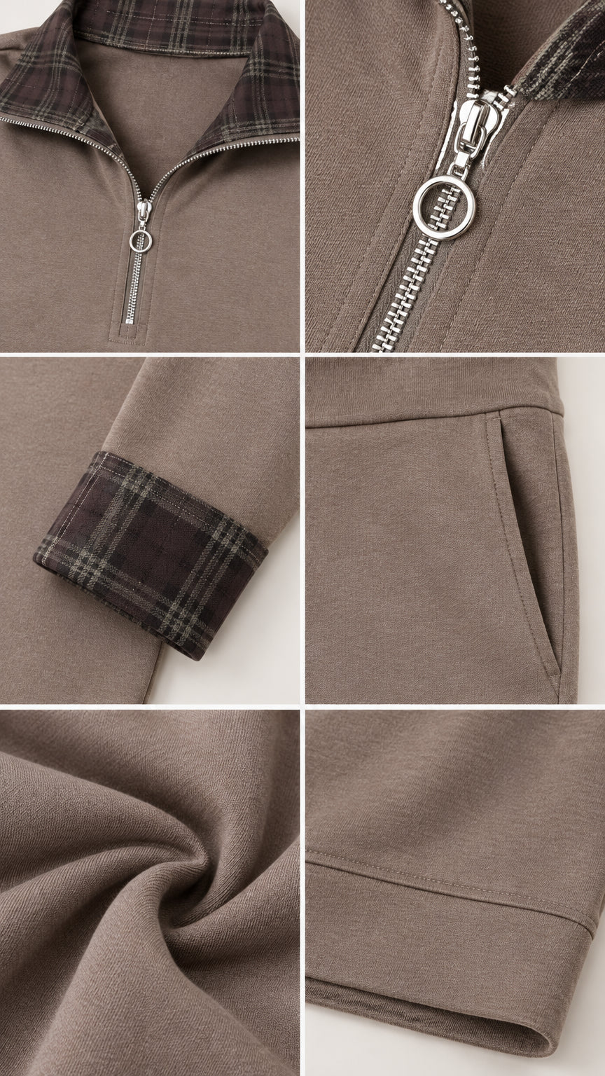 Close-up details of plaid collar, ring zipper, cuffs, and pocket