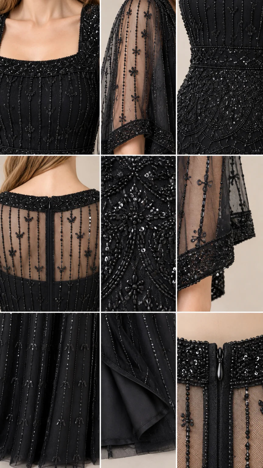 Close-up details of beadwork, neckline, sleeve embellishments, and lining of black formal dress