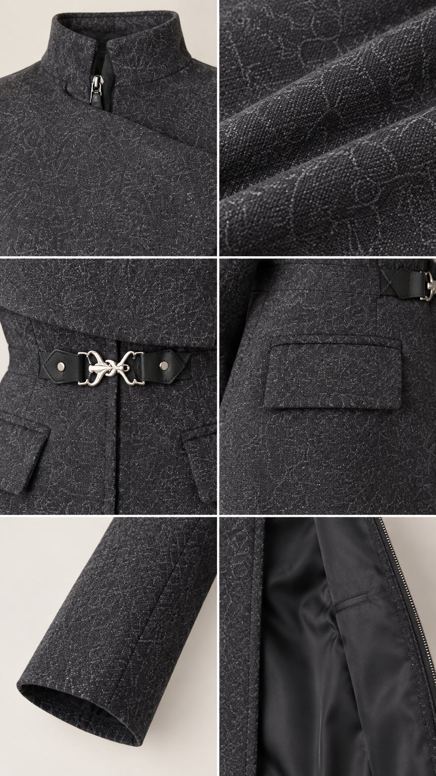 Close-up details of the textured fabric, stand collar, front zipper, metal buckle, and lined sleeve