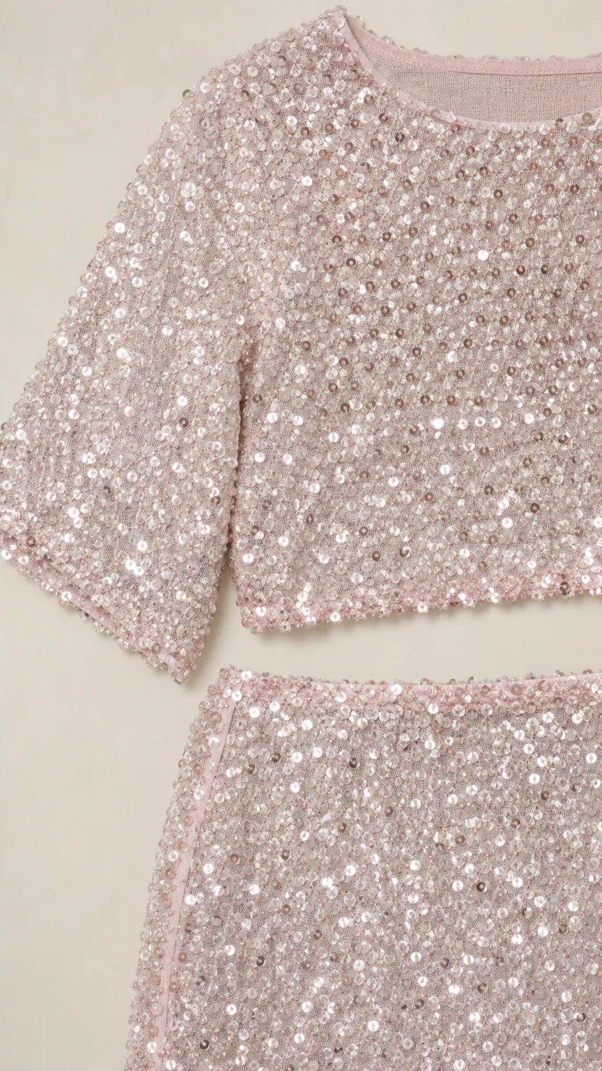 Close-up detail of blush pink sequin mesh fabric and neckline