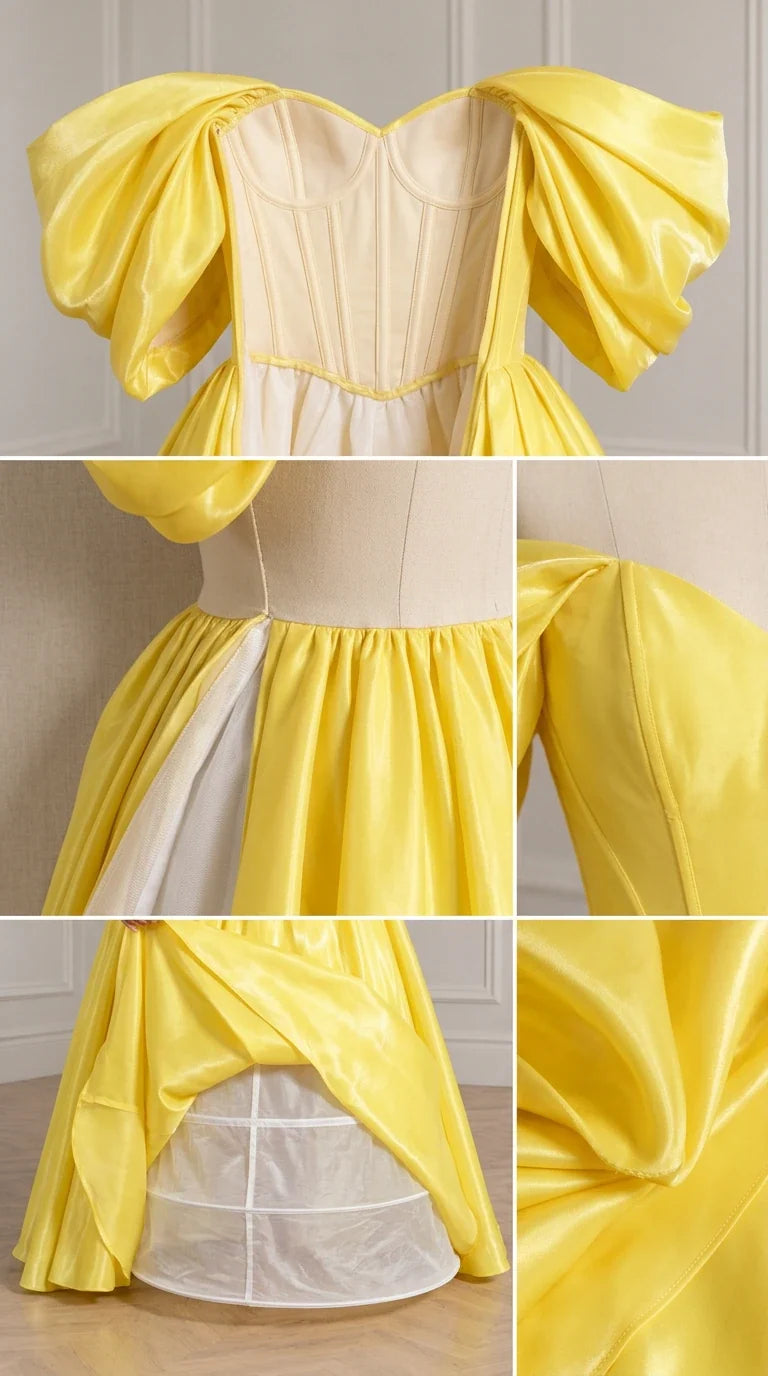 Interior and construction detail collage showing bodice boning, waist pleats, and lining