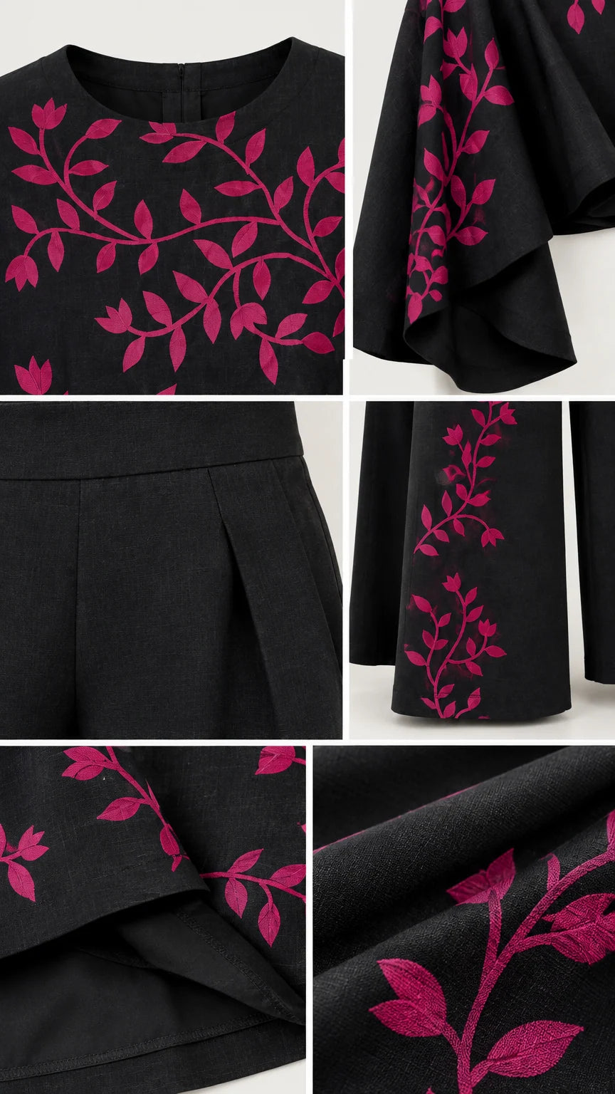 Close-up details of embroidered neckline, cape sleeve, pleated waist, and pant hem
