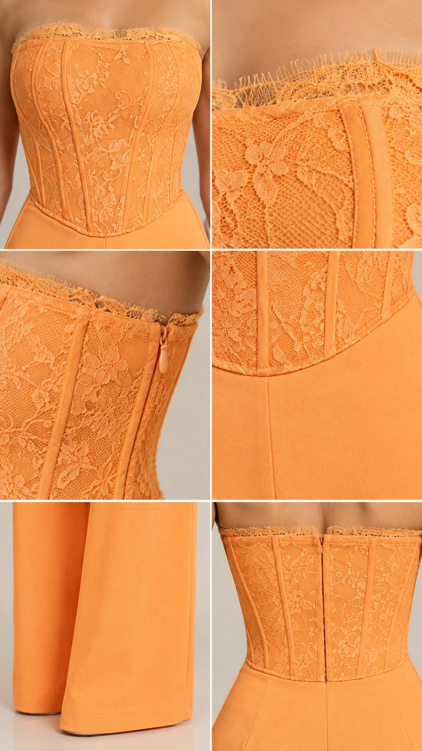 Close-up details of corset boning, floral lace, eyelash neckline trim, and hem