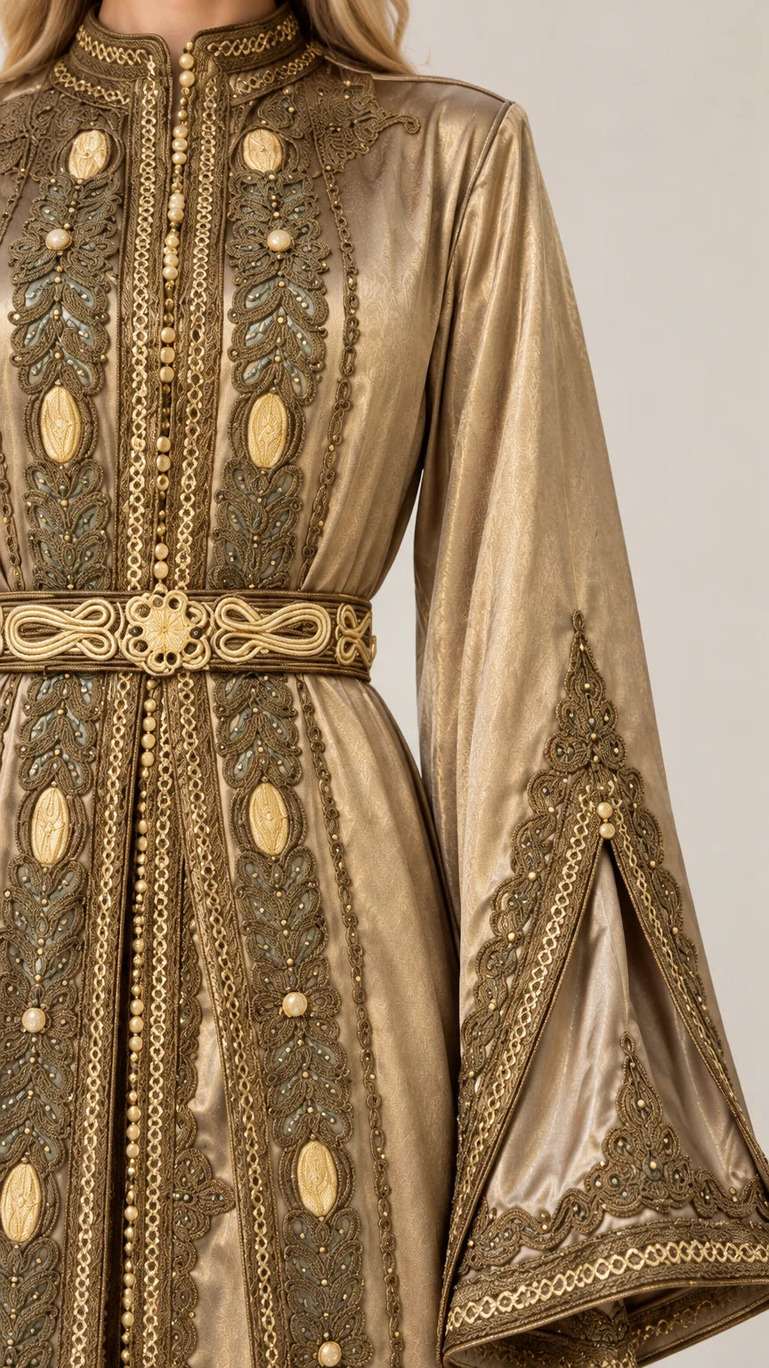 Close-up detail of ornate gold embroidery, high collar, and matching belt on Champagne Gold kaftan