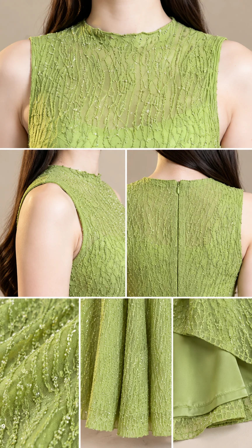 Close-up details of neckline, back zipper, and inner lining on light green textured dress