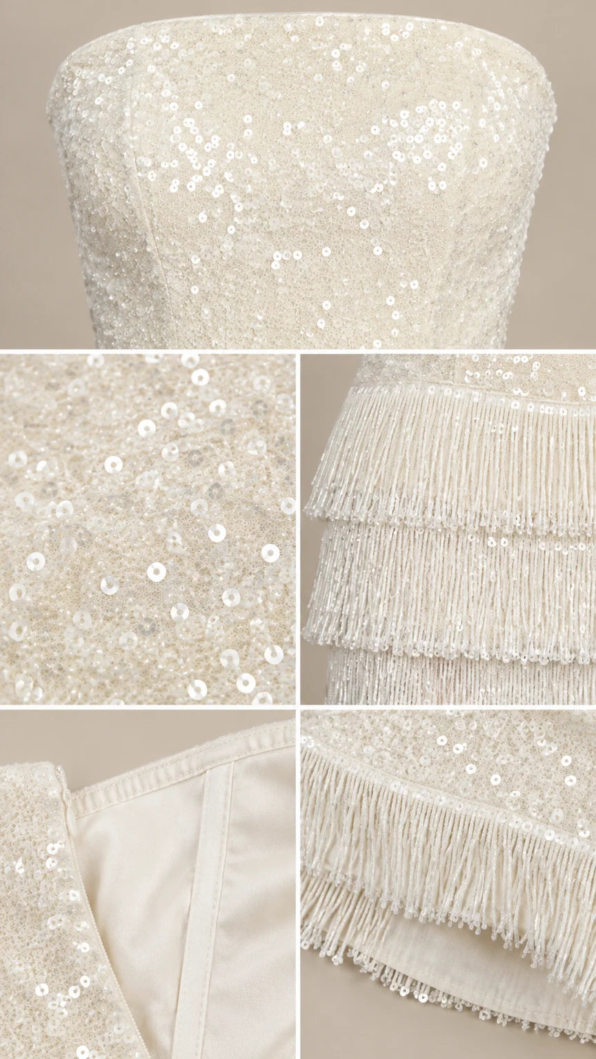 Detailed close-up of ivory sequin fabric, tiered fringe trim, and interior bodice lining
