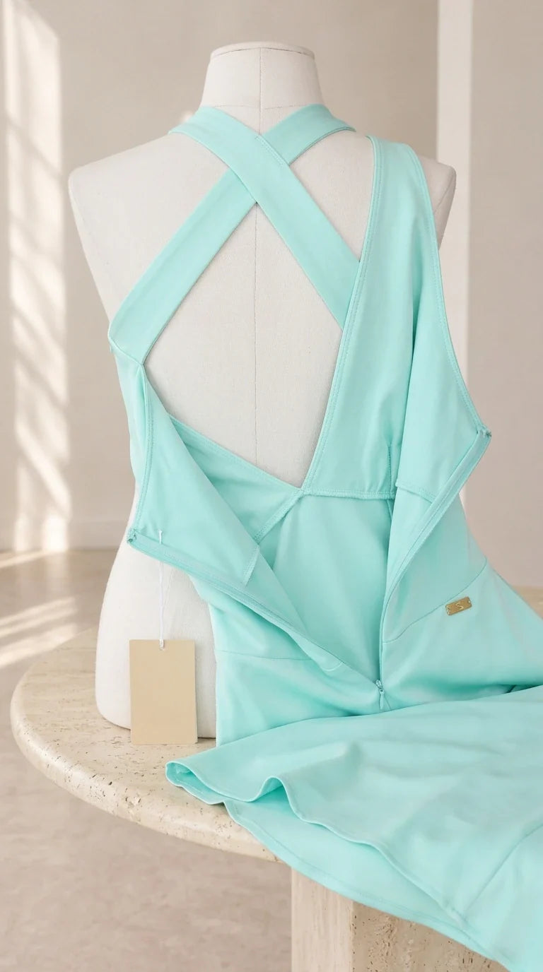 Interior and zipper craftsmanship detail on the aqua blue cross-back halter dress