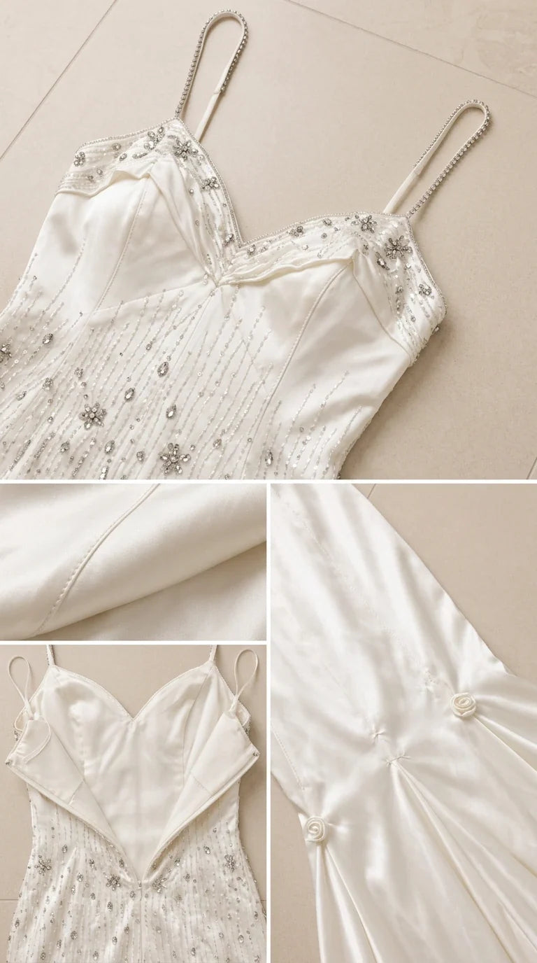 Close-up details of beaded bodice, straps, and satin fabric construction