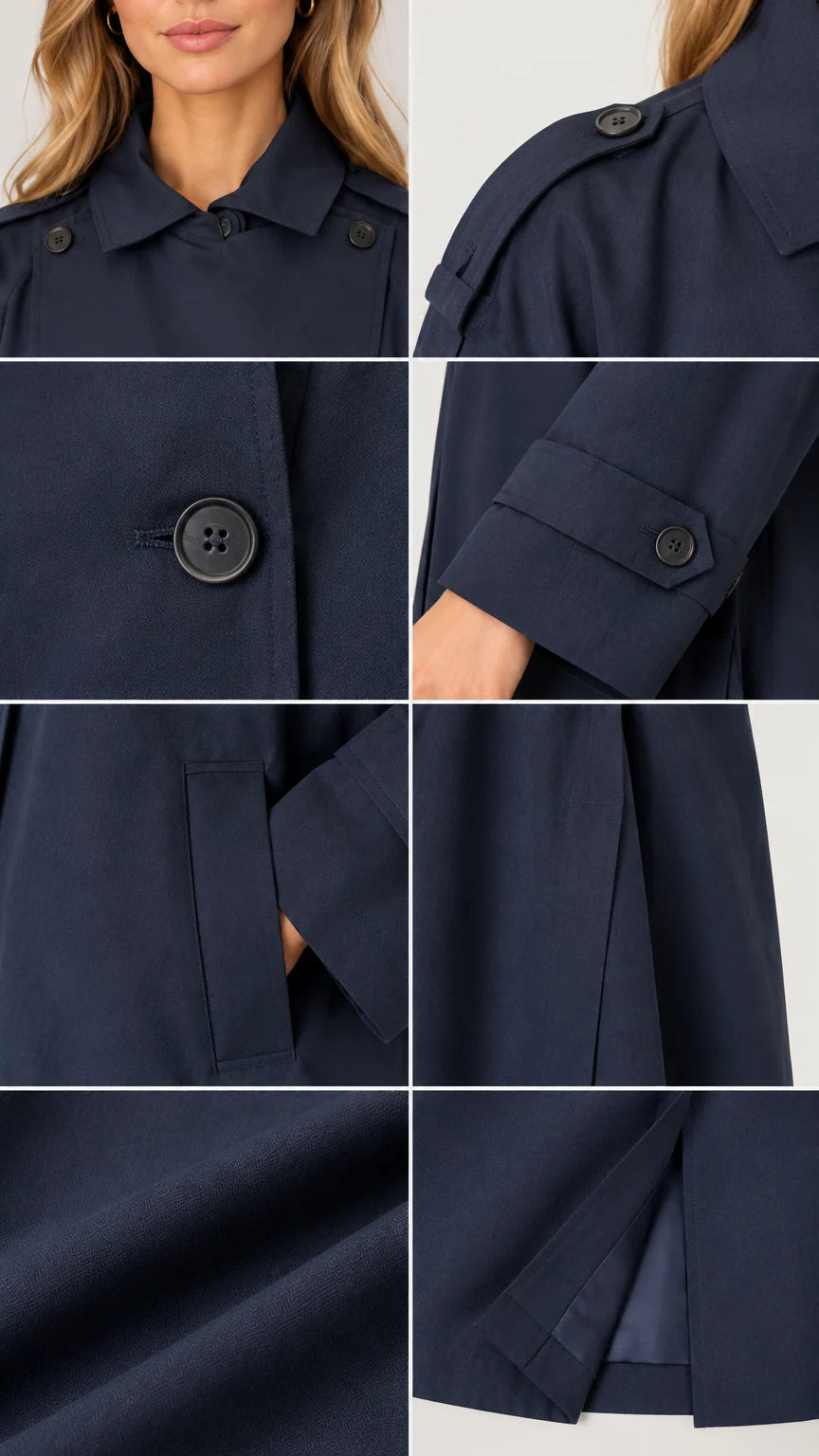 Close-up details of collar, shoulder tabs, buttons, welt pockets, and fabric texture