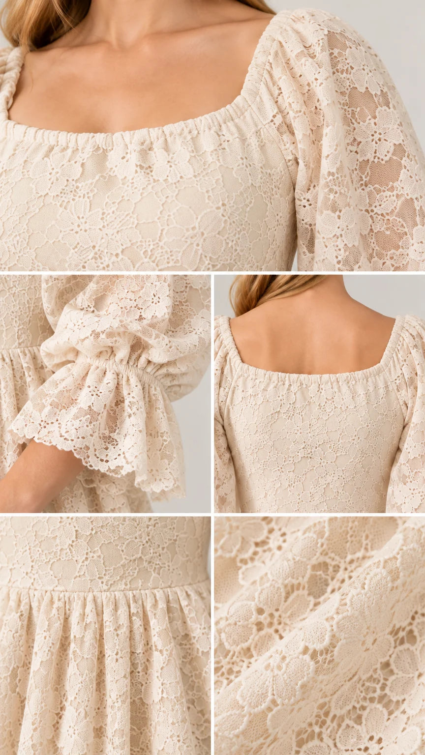 Close-up details of square neckline, lace fabric texture, and ruffled cuffs