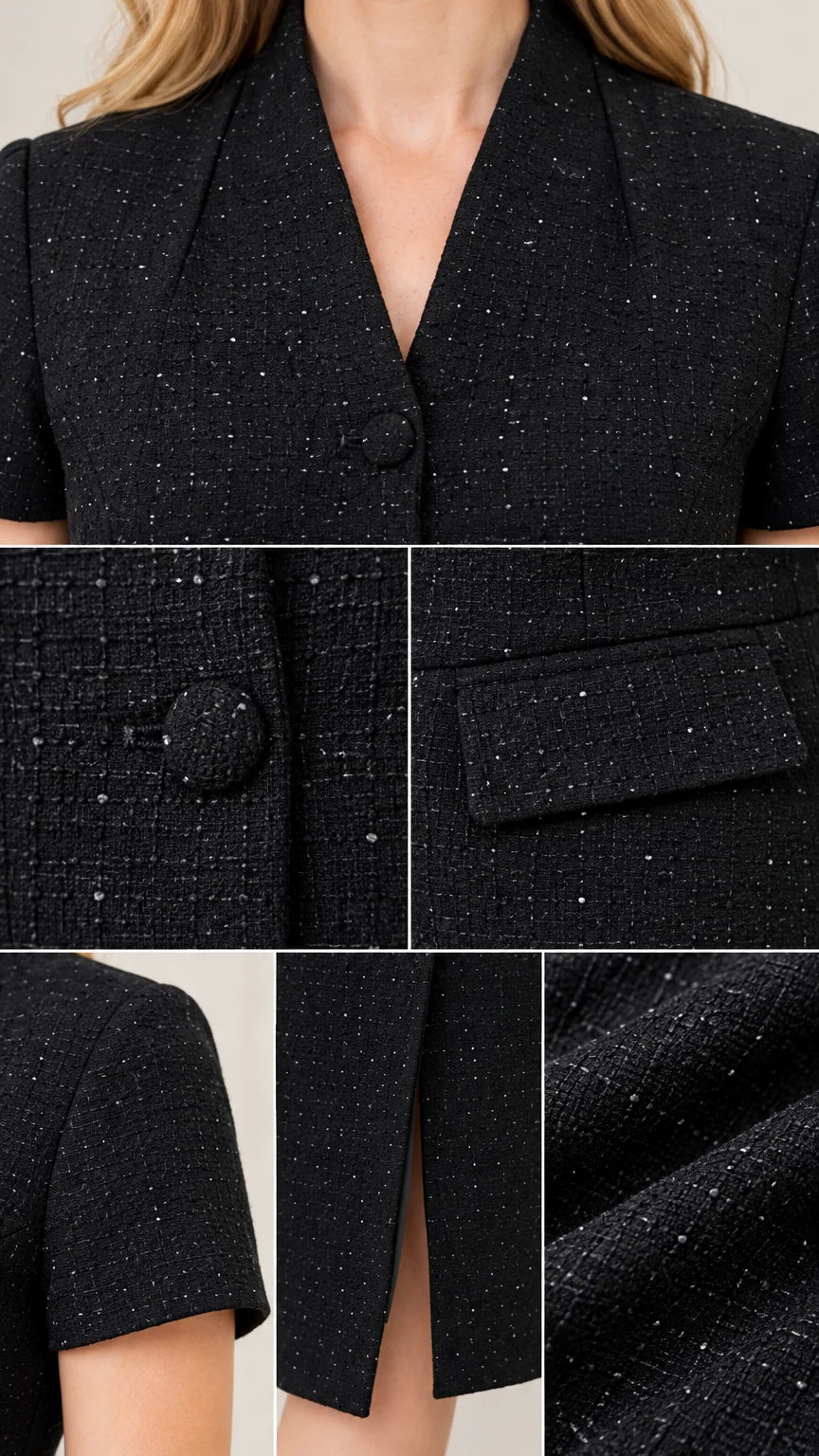 Close-up details of black tweed fabric texture, covered buttons, lapel collar, and front slit