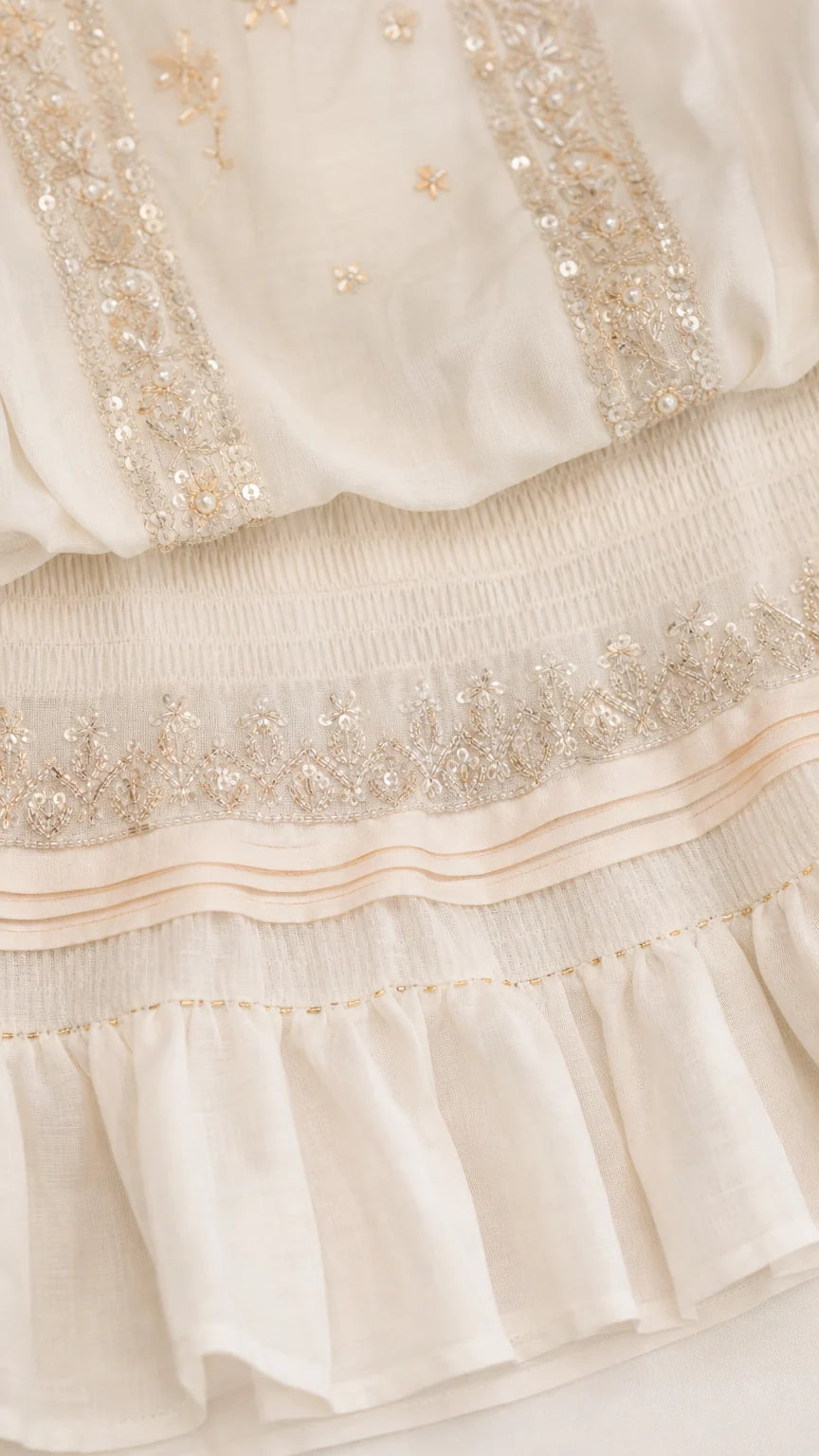 Close-up of metallic embroidery and ruffle hem details on white romper
