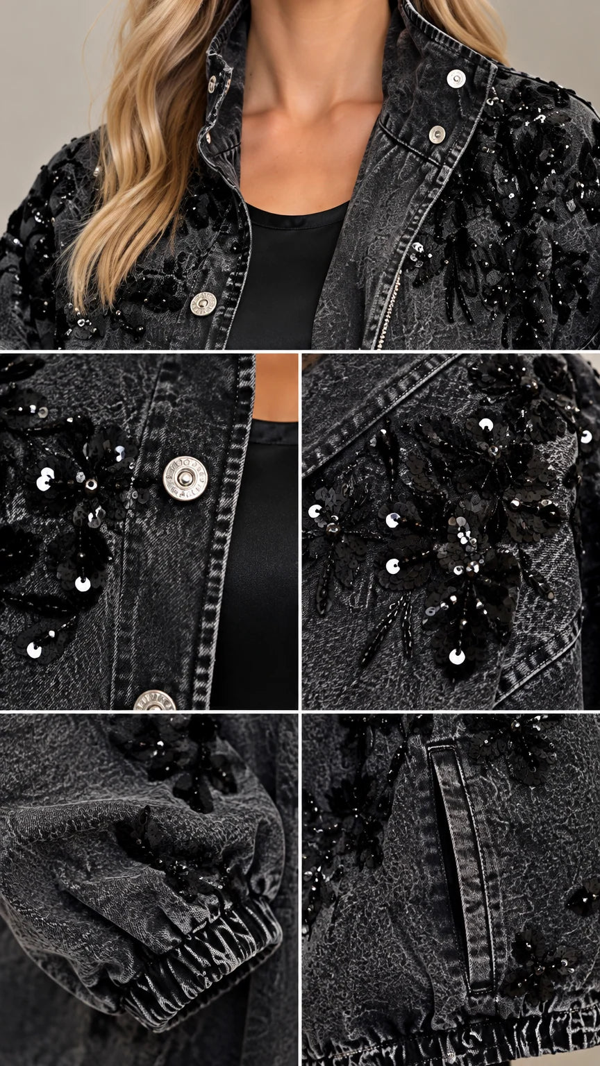 Close-up details of metallic buttons, collar, and sequin floral appliqués on denim jacket