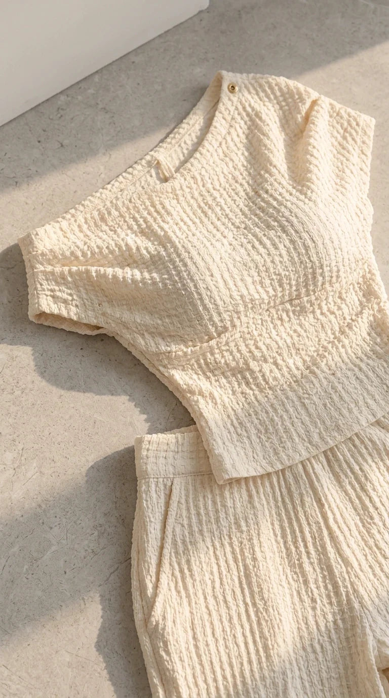 Close-up flat lay of cream textured knit fabric showing shoulder button and pocket detail