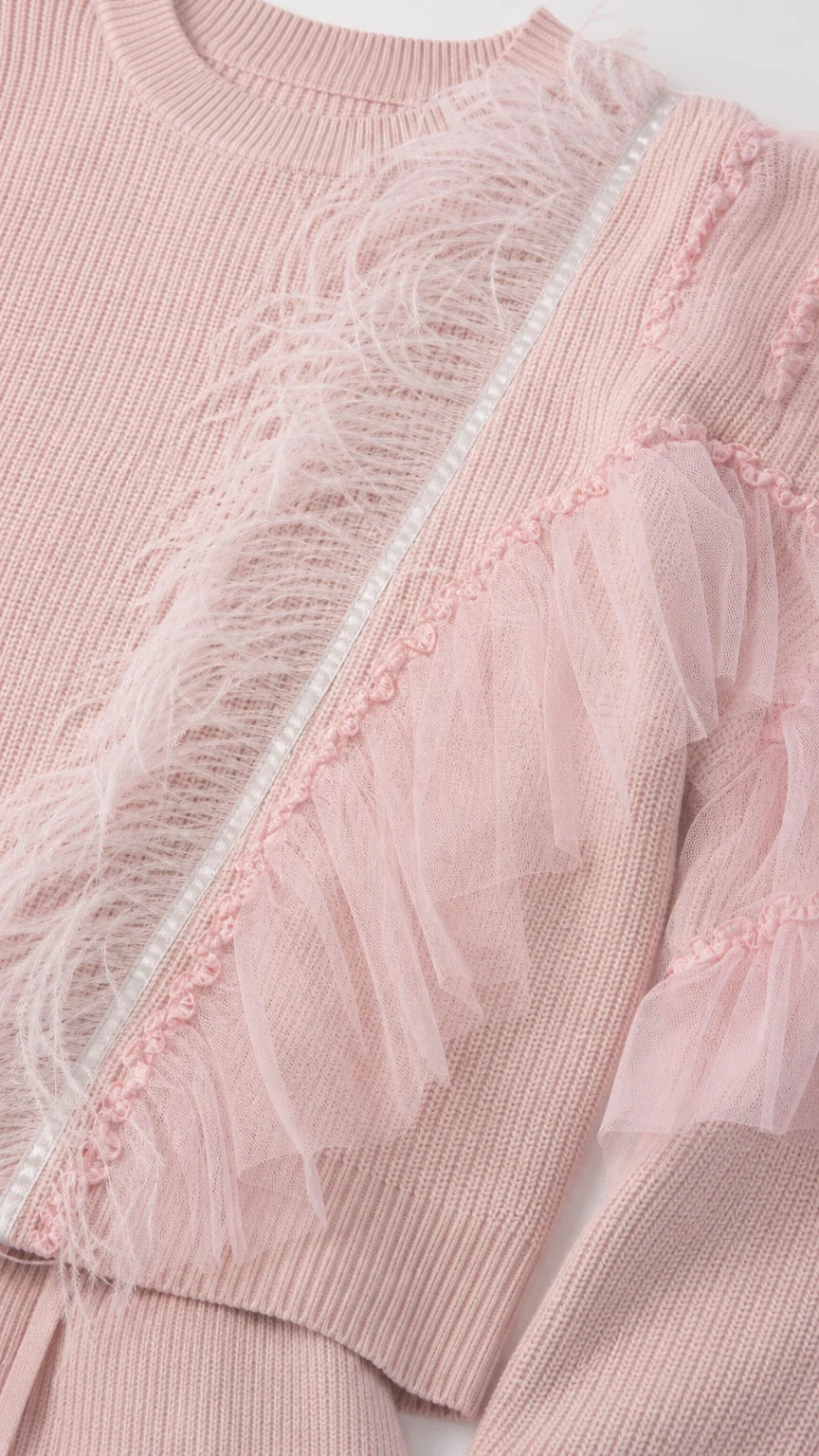 Close-up detail of soft knit texture, feather fringe, and tulle trim embellishment