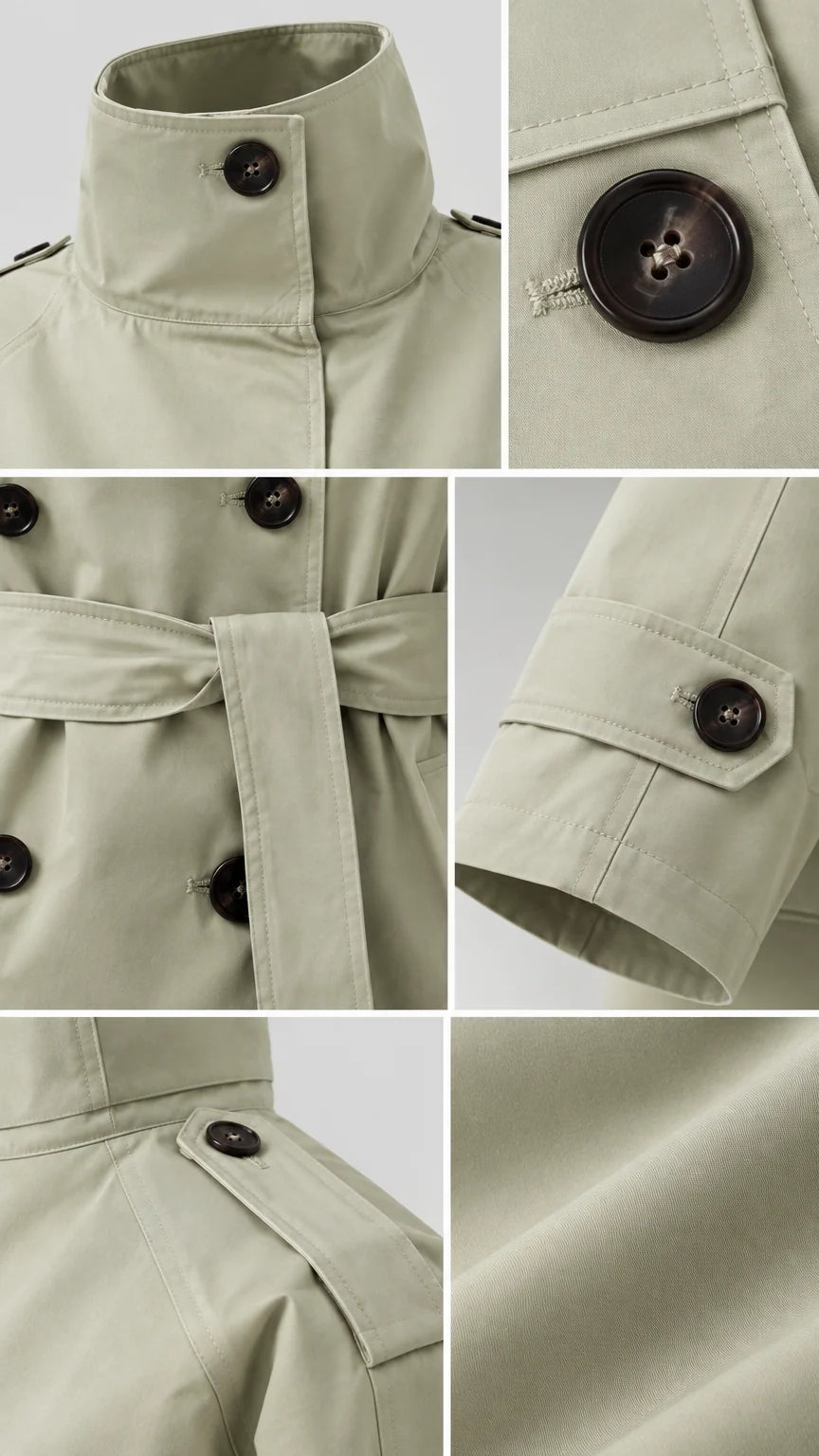 Close-up details of collar button, waist tie, cuff tabs, and woven fabric texture