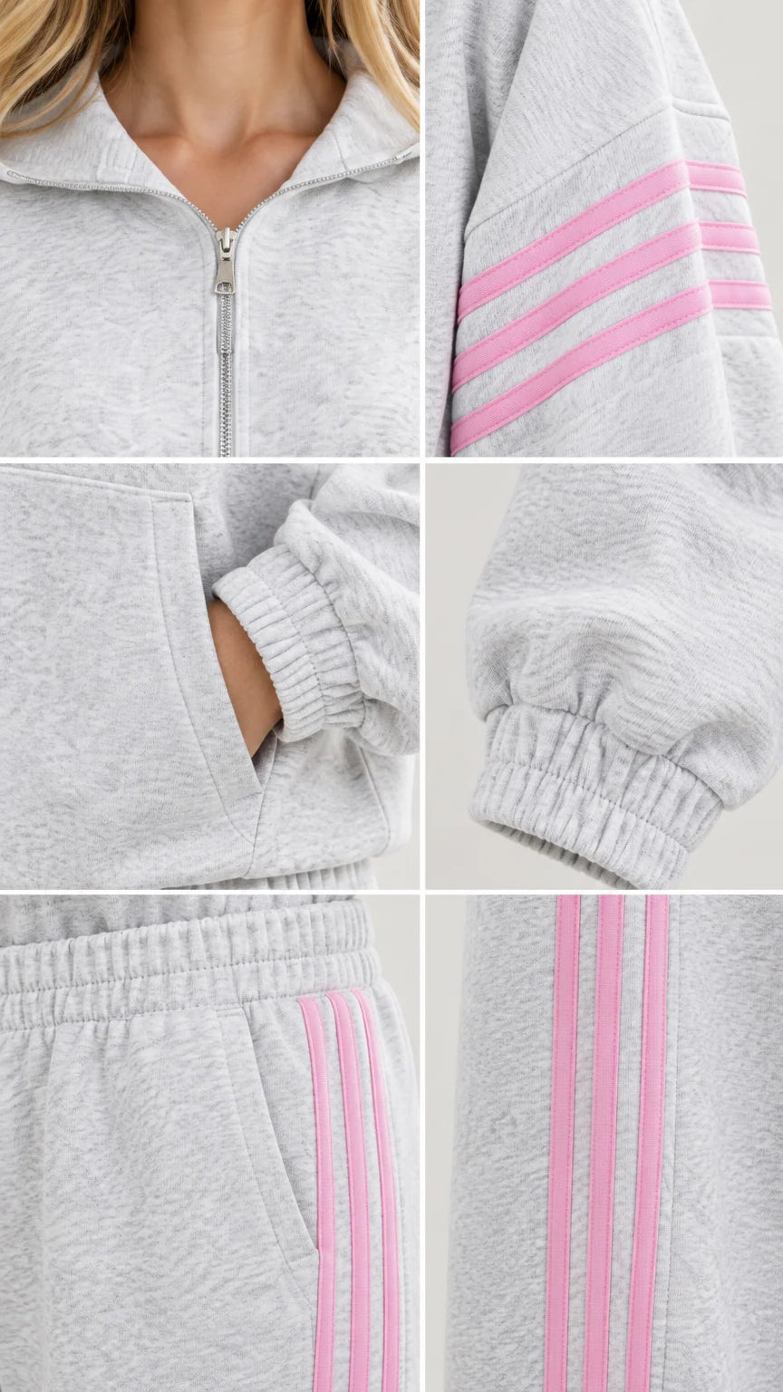 Detailed collage showing zipper, collar, cuff, pockets, and stripe construction
