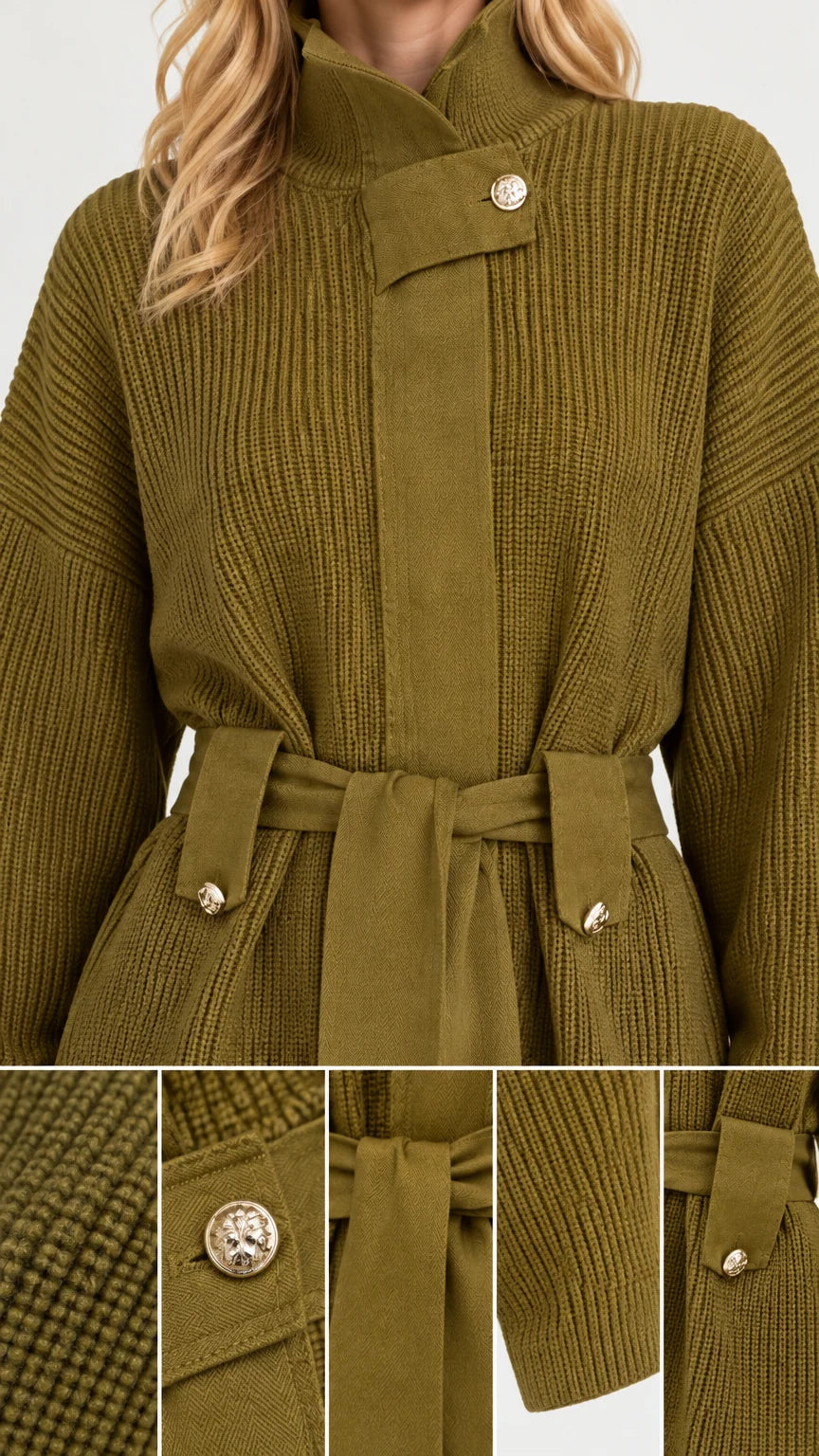 Close-up details of Olive Green ribbed knit neckline, metallic button, and tie belt loops