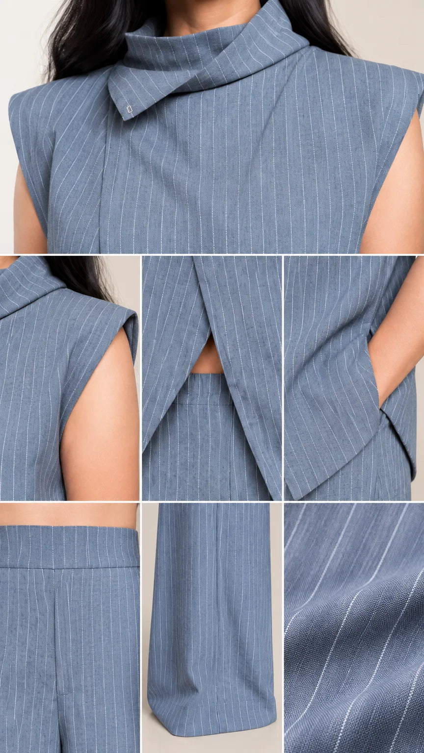 Close-up details of collar neckline hem and pinstripe fabric texture in slate blue
