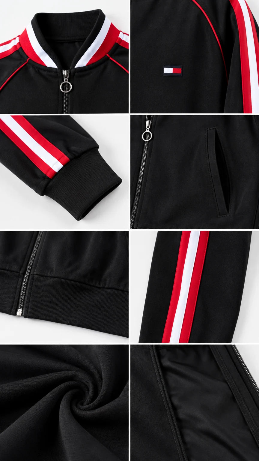 Close-up details of striped rib collar, ring zipper pull, cuff, and fabric texture
