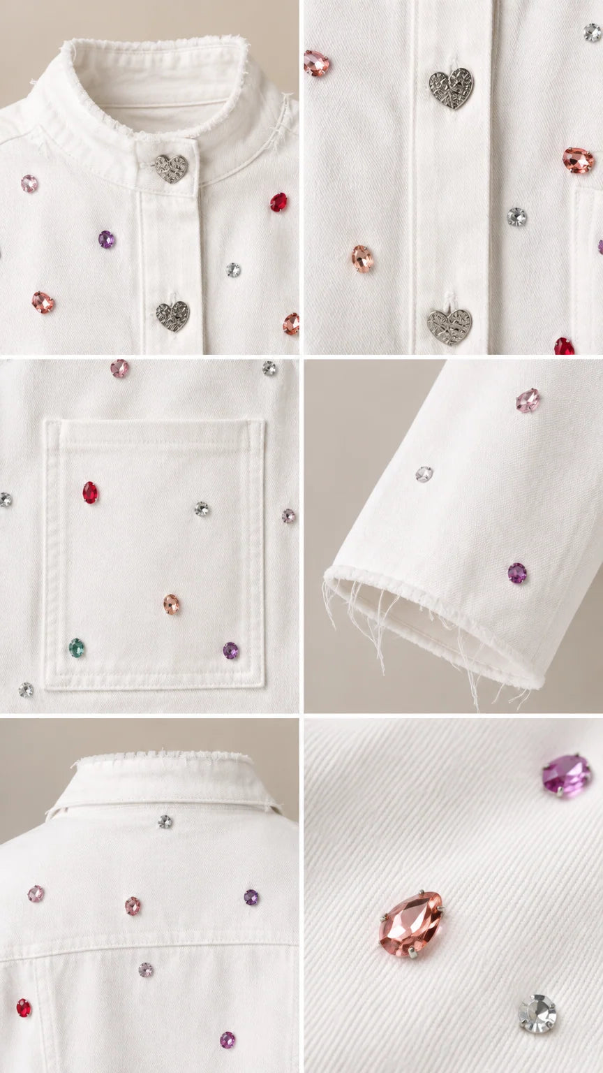 Close-up details of multicolored rhinestones, heart-shaped buttons, and raw frayed hems on white twill fabric