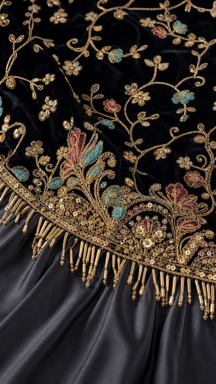 Close-up detail of floral embroidery, sequins, and beaded tassel trim
