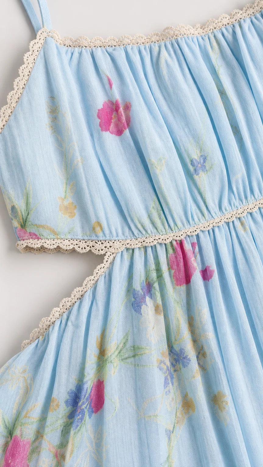 Close-up of lace trim and floral fabric pattern on light blue dress