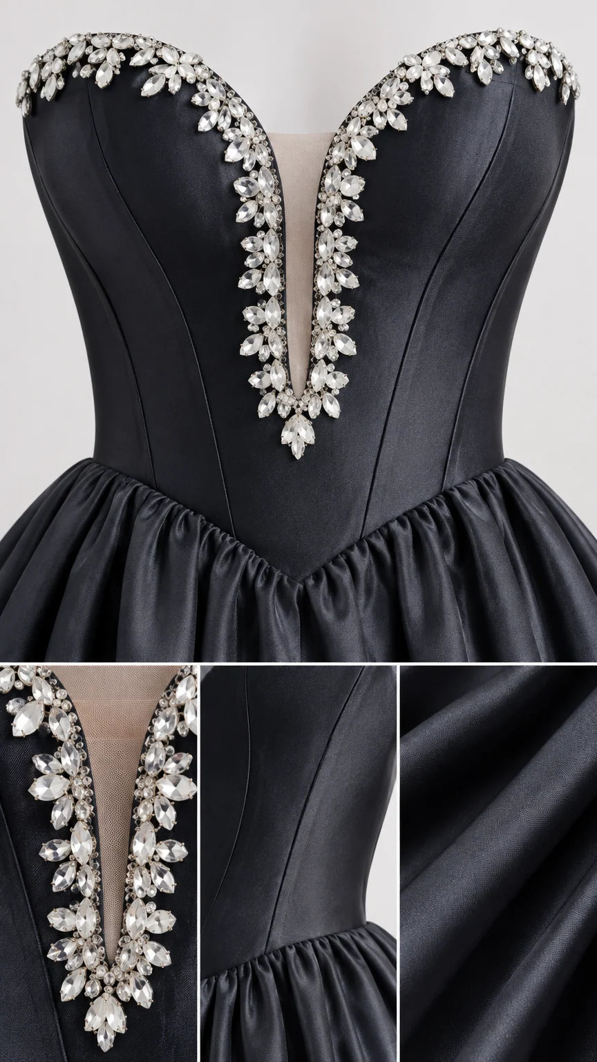 Close-up details of rhinestone sweetheart neckline and satin fabric