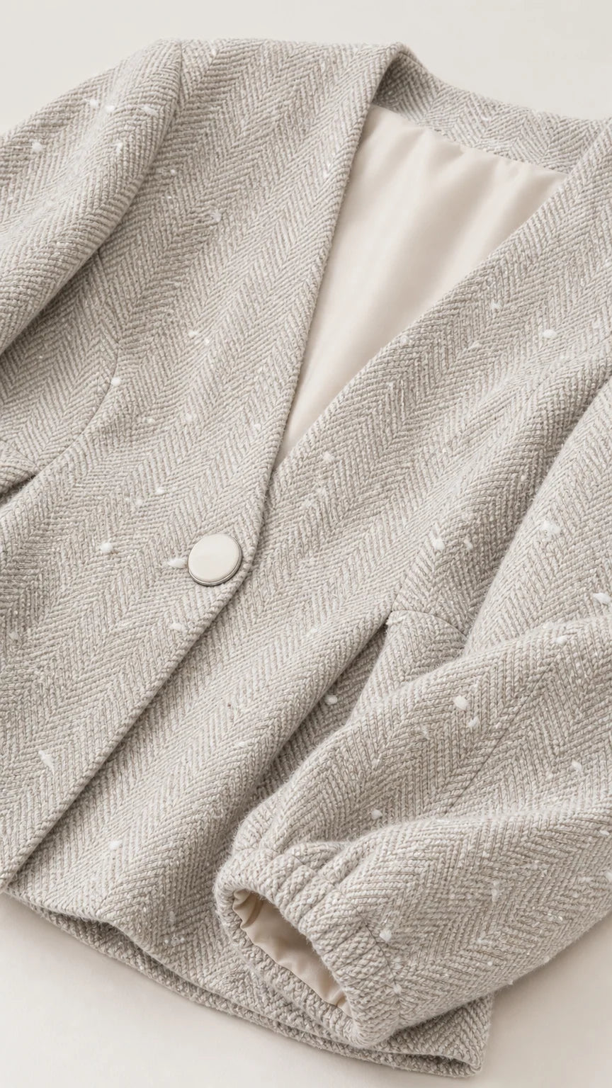 Close-up detail of textured fabric and button on beige blazer