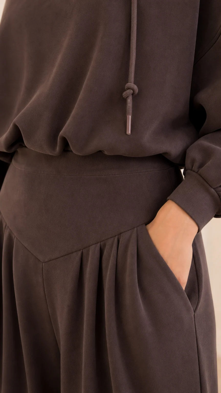 Close-up detail of high-rise waistband yoke, front pleats, and pocket detail