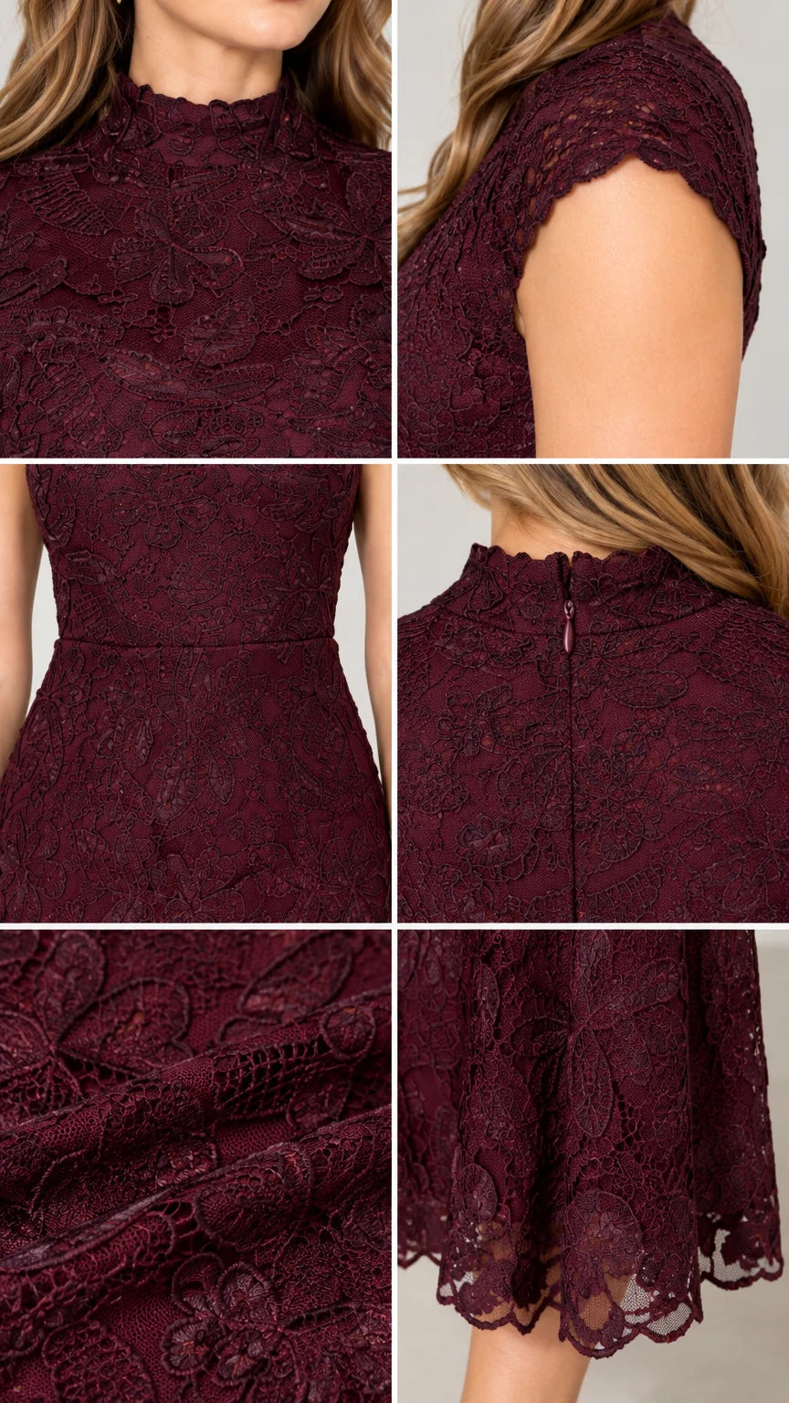 Detailed close-ups of neckline, cap sleeves, back zipper, and scalloped hem in Burgundy lace