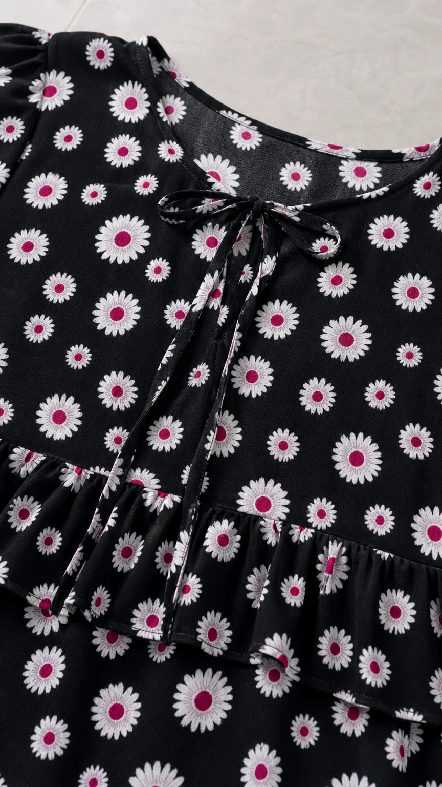 Close-up detail of keyhole tie neckline and ruffle trim on black daisy print top