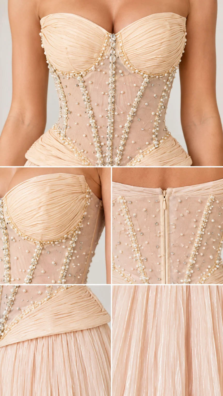 Close-up details of pearl-embellished boned corset, ruched bust, and zipper