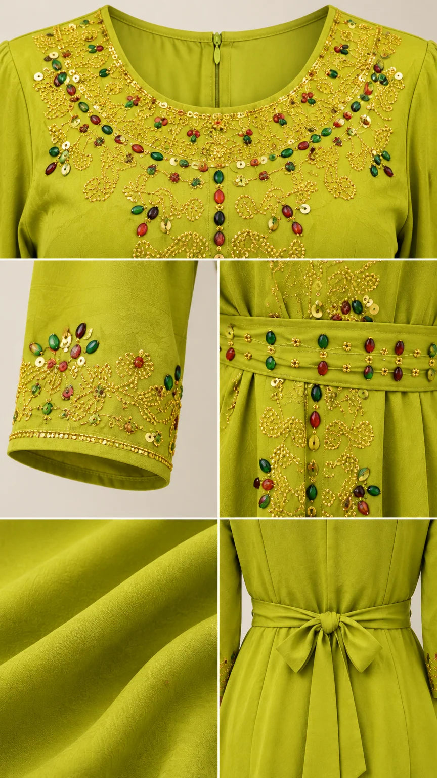 Close-up details of neckline beadwork, sleeve embroidery, waist tie, and fabric texture