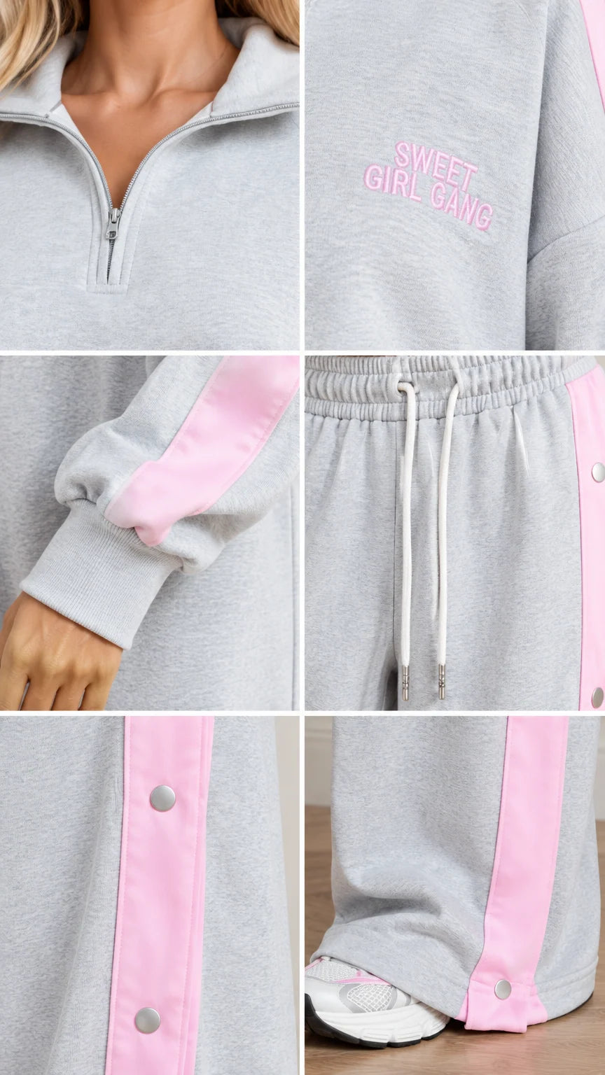 Close-up details of half zip neckline, embroidery, drawstring waist, and snap button hem