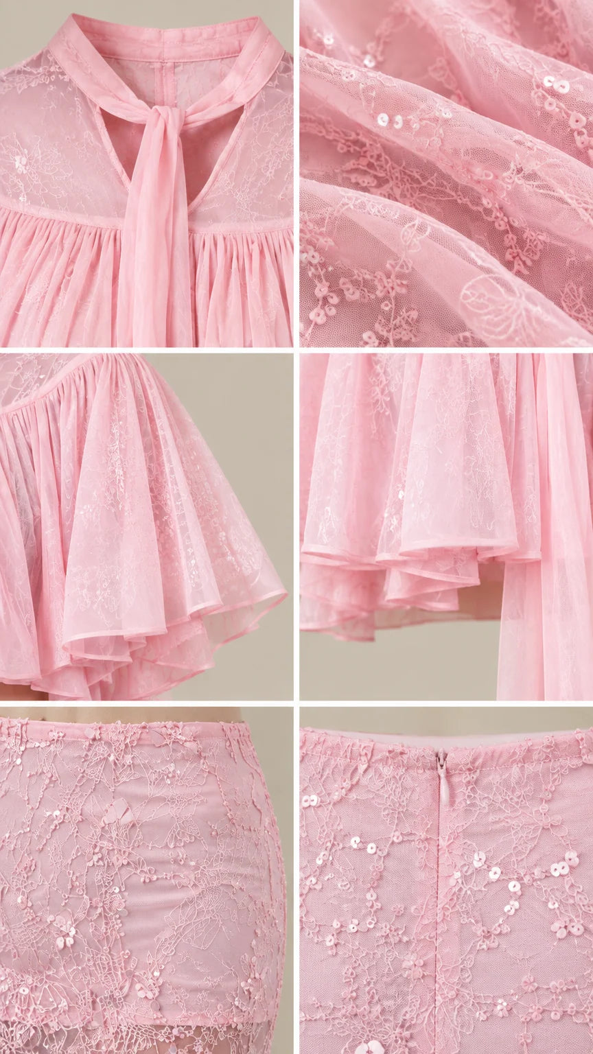 Close-up details of tie neckline, floral sequin lace embroidery, and rear zipper closure
