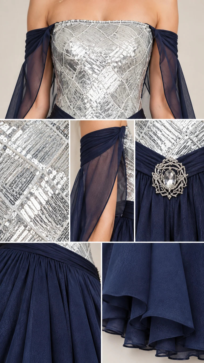 Close-up detail shots of silver geometric sequin fabric, brooch waistband, and layered chiffon