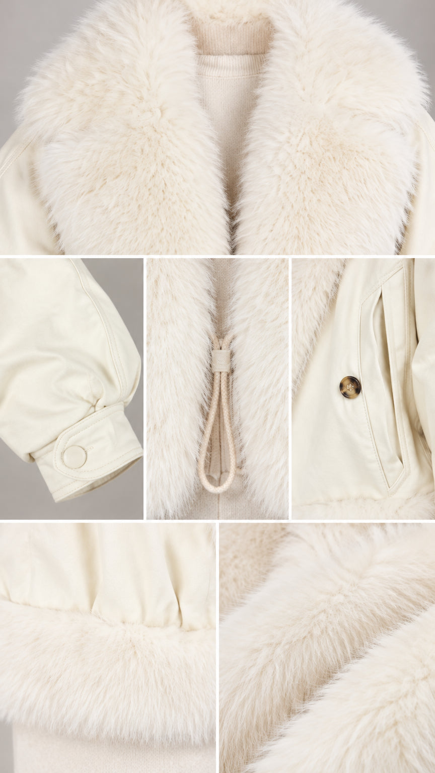 Detailed close-ups of the plush faux-fur collar, zipper pull, cuff button detail, and fur hem