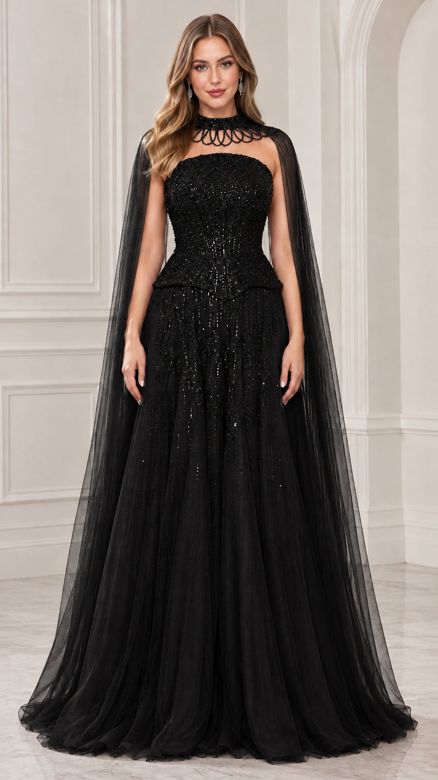 Front view of black beaded cape evening gown