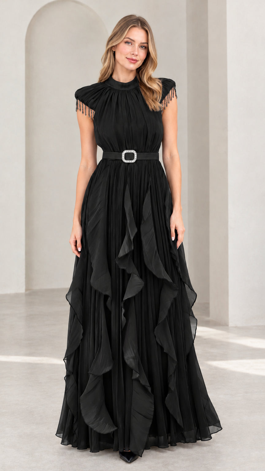 Black high neck pleated cascading ruffle evening gown with rhinestone belt