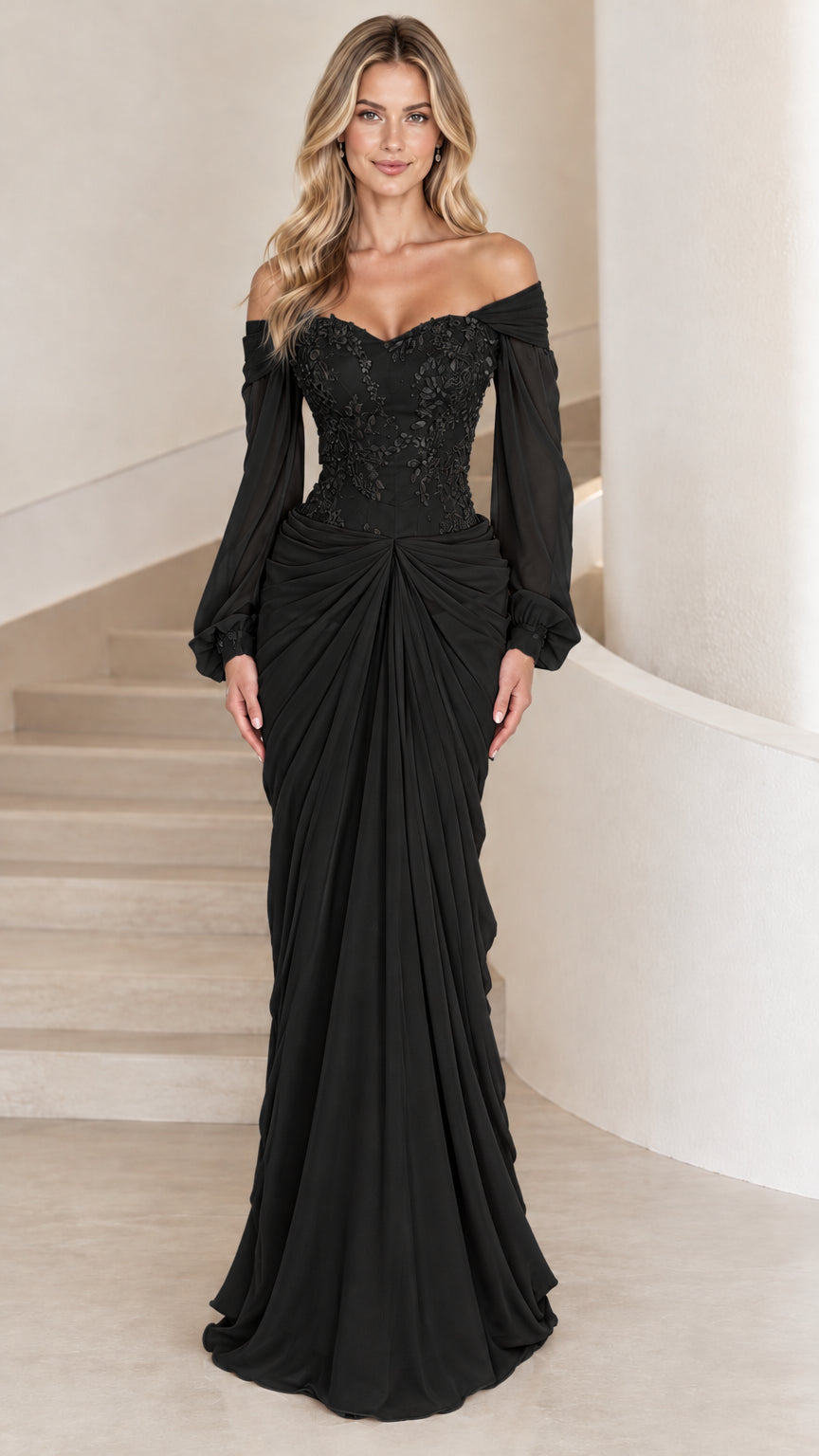 Front view of model wearing black off-the-shoulder lace bodice chiffon evening gown