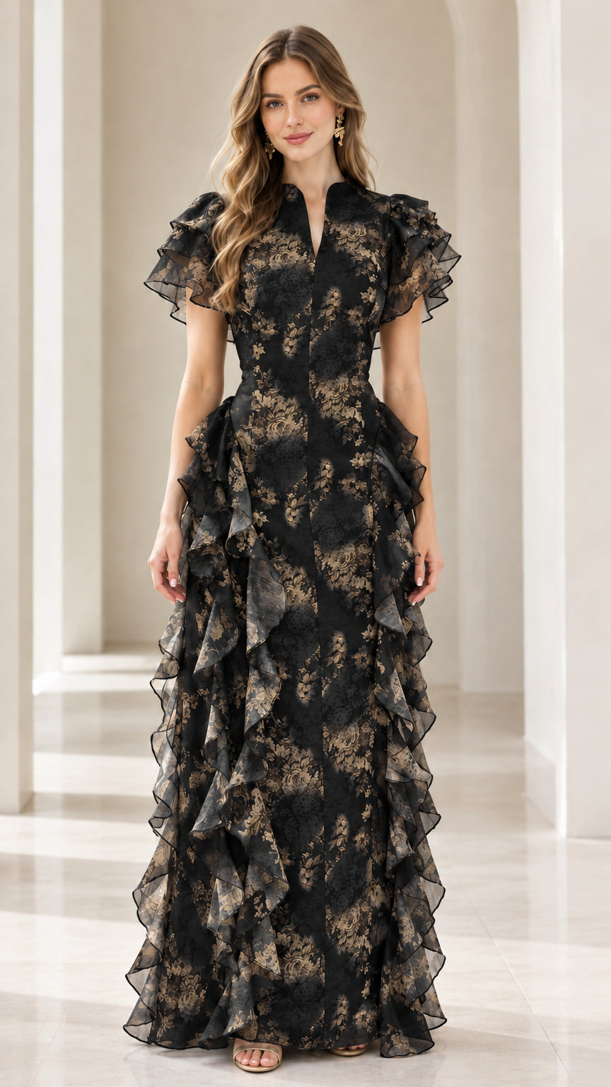 Full-length view of Black and gold floral maxi evening gown with cascading ruffles
