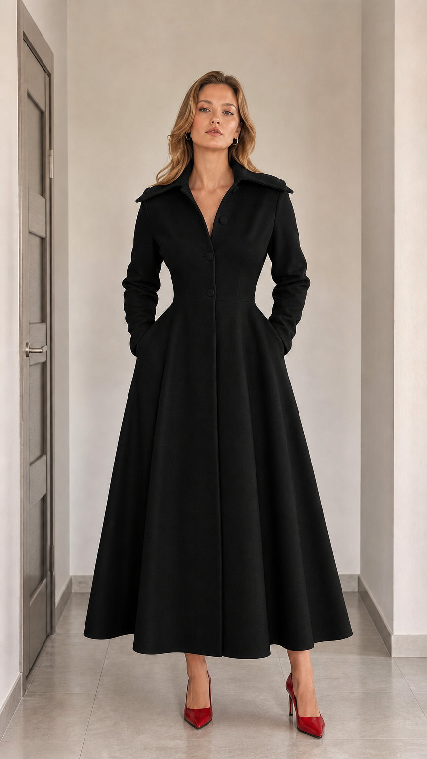 Full-length front view of woman wearing Black vintage corset maxi dress coat