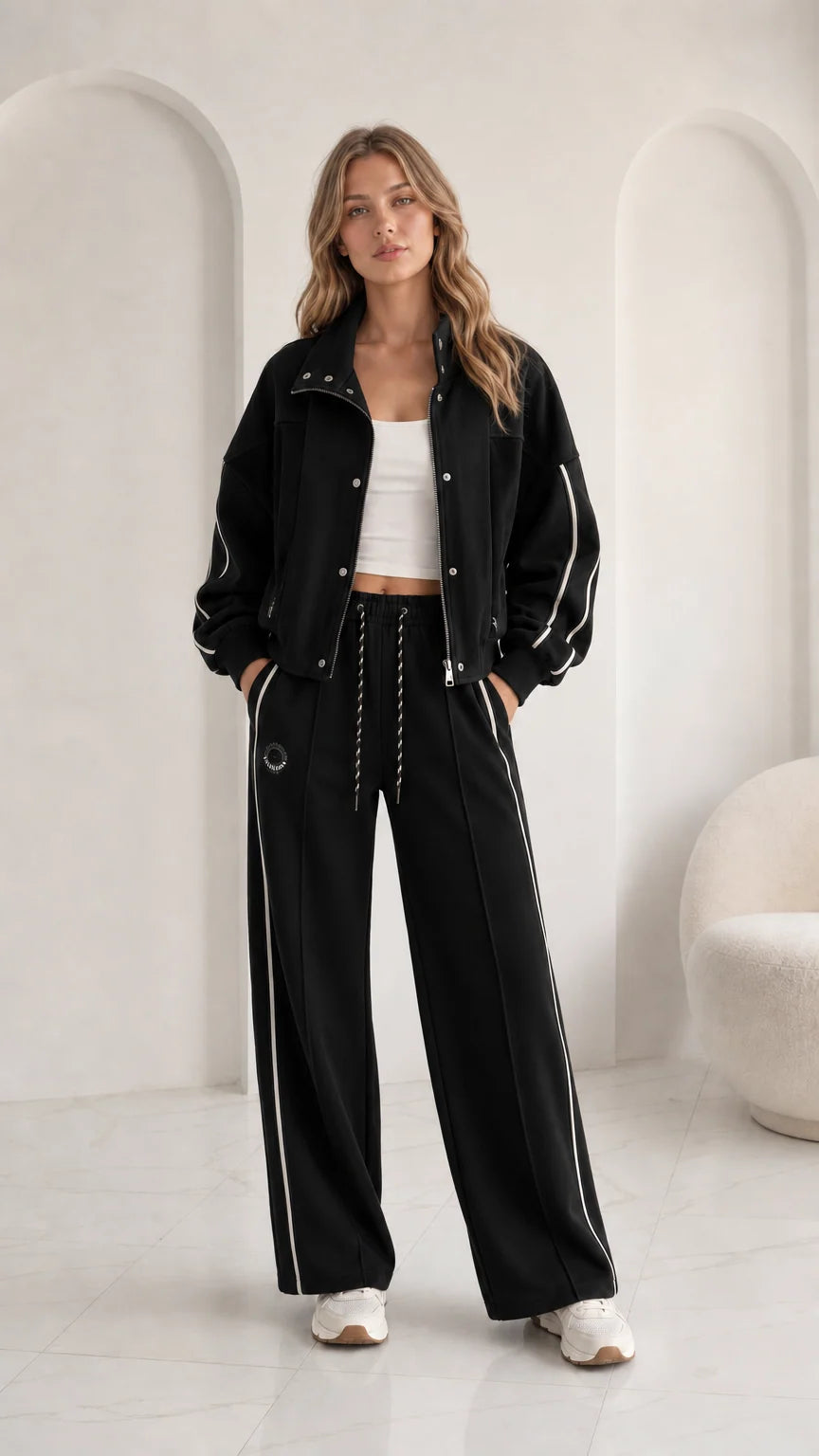 Women's black 2-piece tracksuit set with contrast white stripes