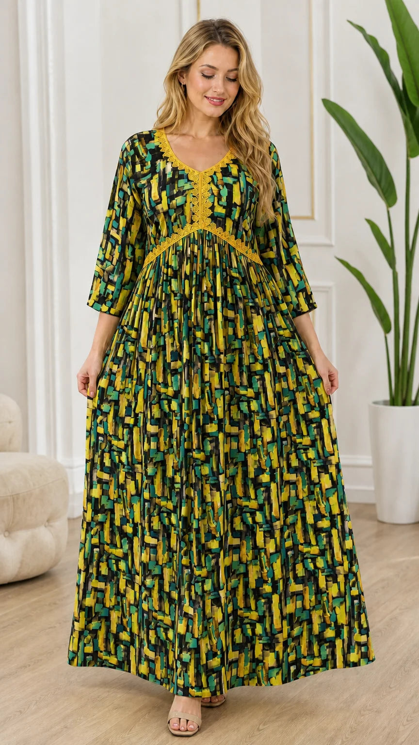 Full-length front view of model wearing black and multicolor abstract print maxi dress