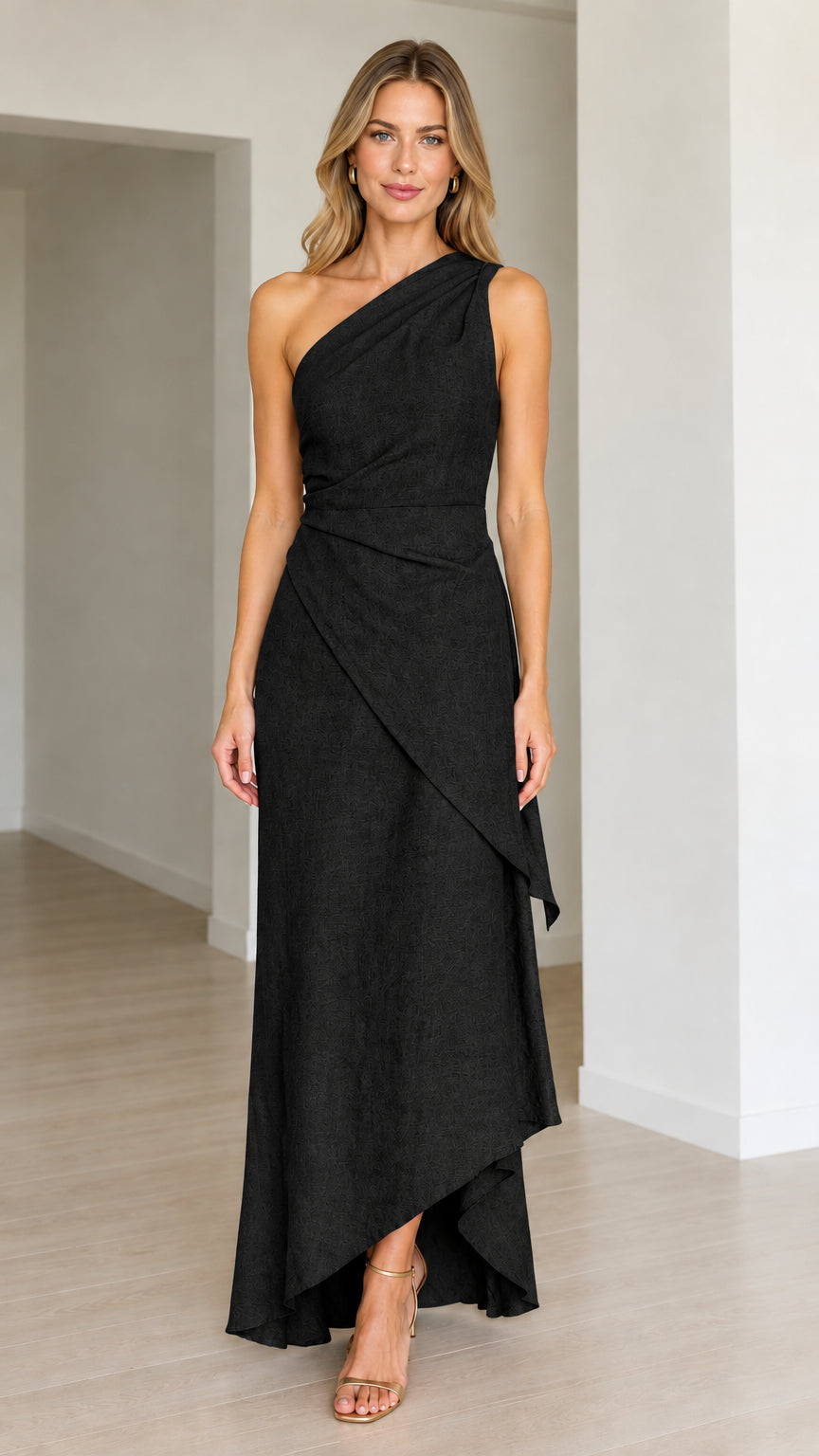 Full-length front view of the one-shoulder draped maxi dress in classic Black