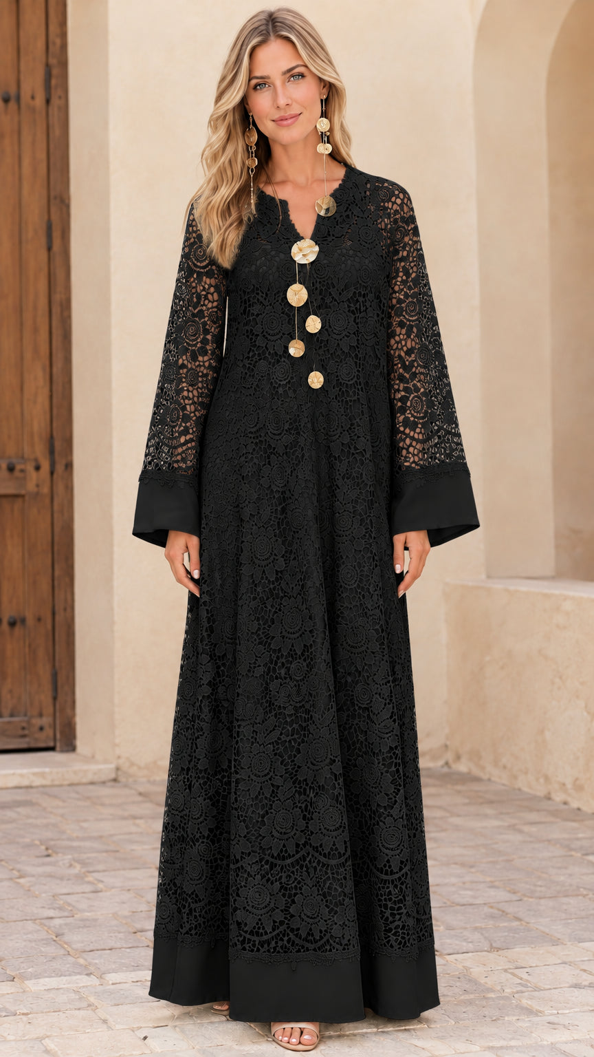 Front view of model wearing Black floral lace kaftan maxi dress