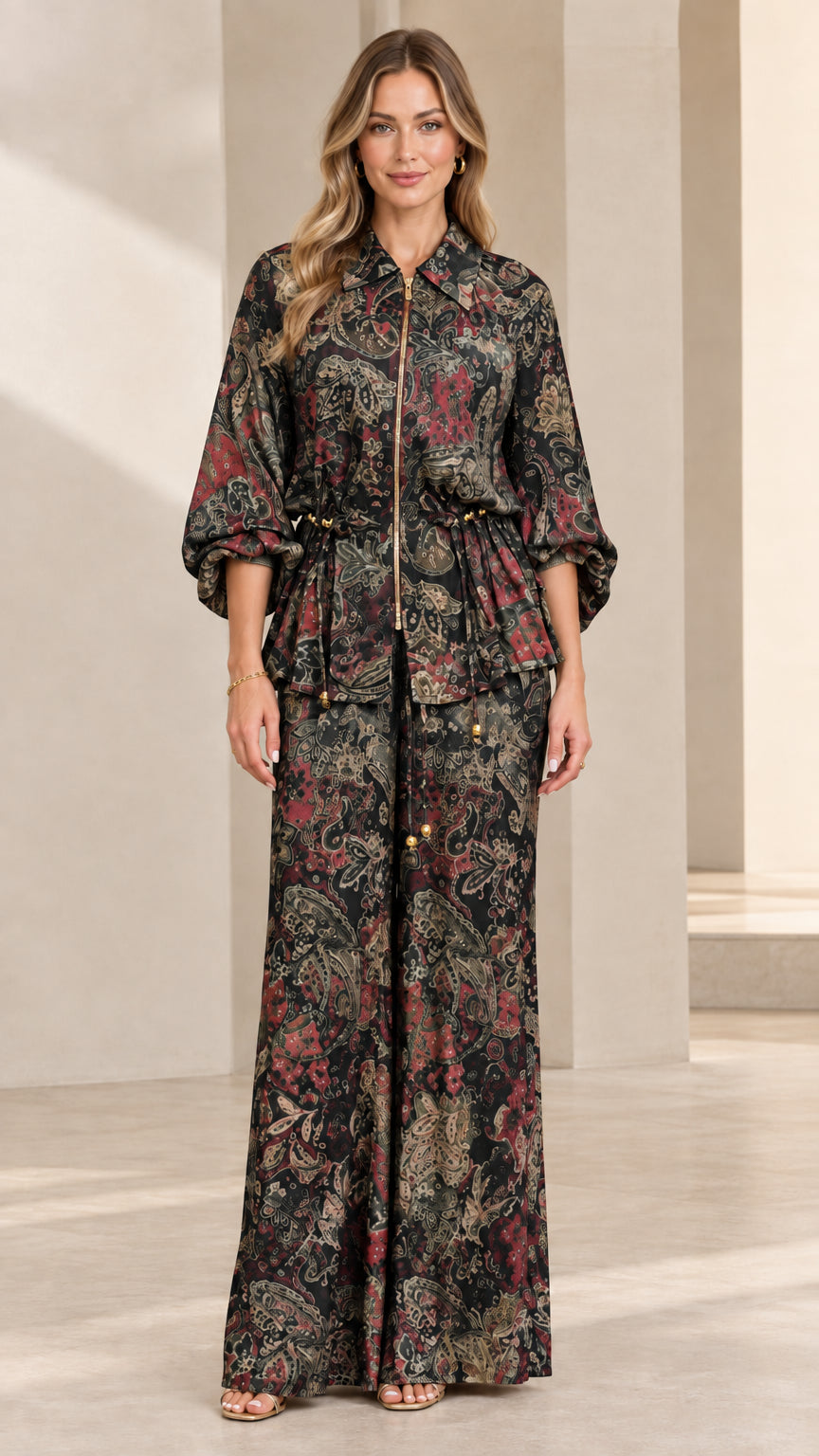 Black Multi paisley print zip-up blouse and wide-leg pant set